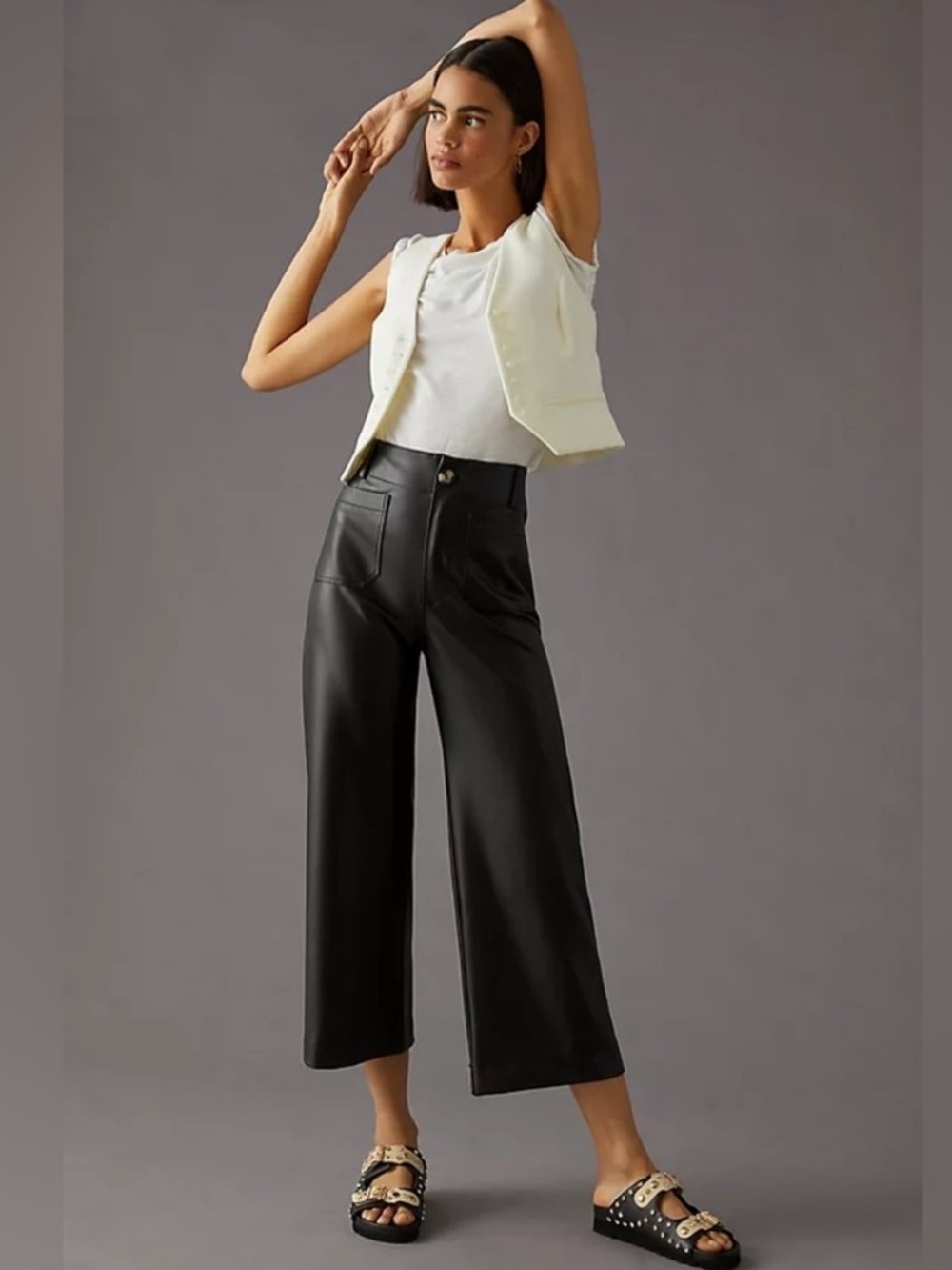 Anthropologie || Maeve the Colette Wide Leg Cropped Pants Faux Leather Black 28